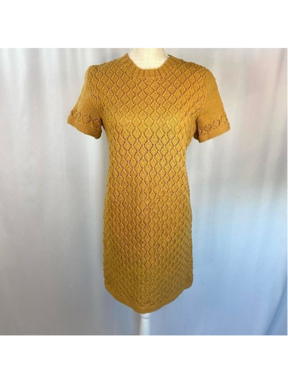 Original & Rare Mod Vintage 1960's Handmade Crocheted Knitted Mini Dress Mustard